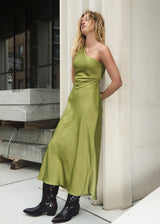 Maxi one-shoulder dress in satin. NarcissaMD dress has an open back detail and an invisible zipper on the side.