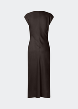 Sleeveless maxi dress with pleats in the side. TailorMD dress is made in satin and has a high neck, invisible zipper in the back and a slit in the side seam. The model is 175 cm and wears a size s/36.
