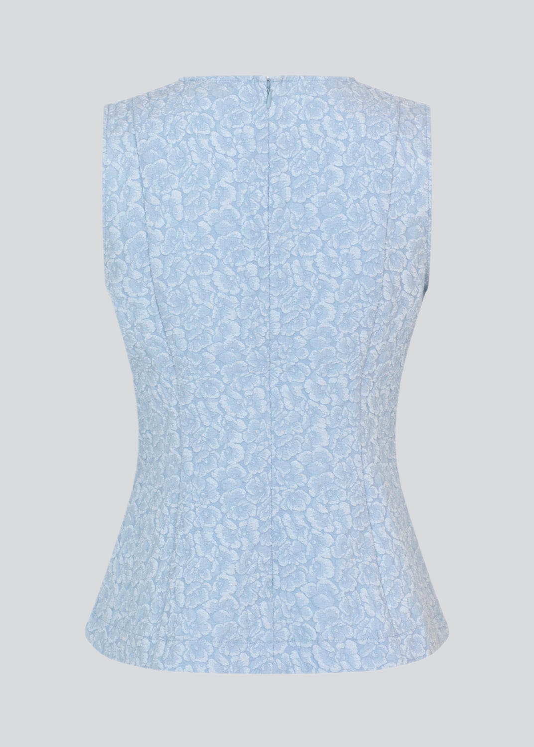 Tailored top without sleeves made from a structured material. HollisMD top has a high v-shaped neckline with a hidden zipper at the neck.