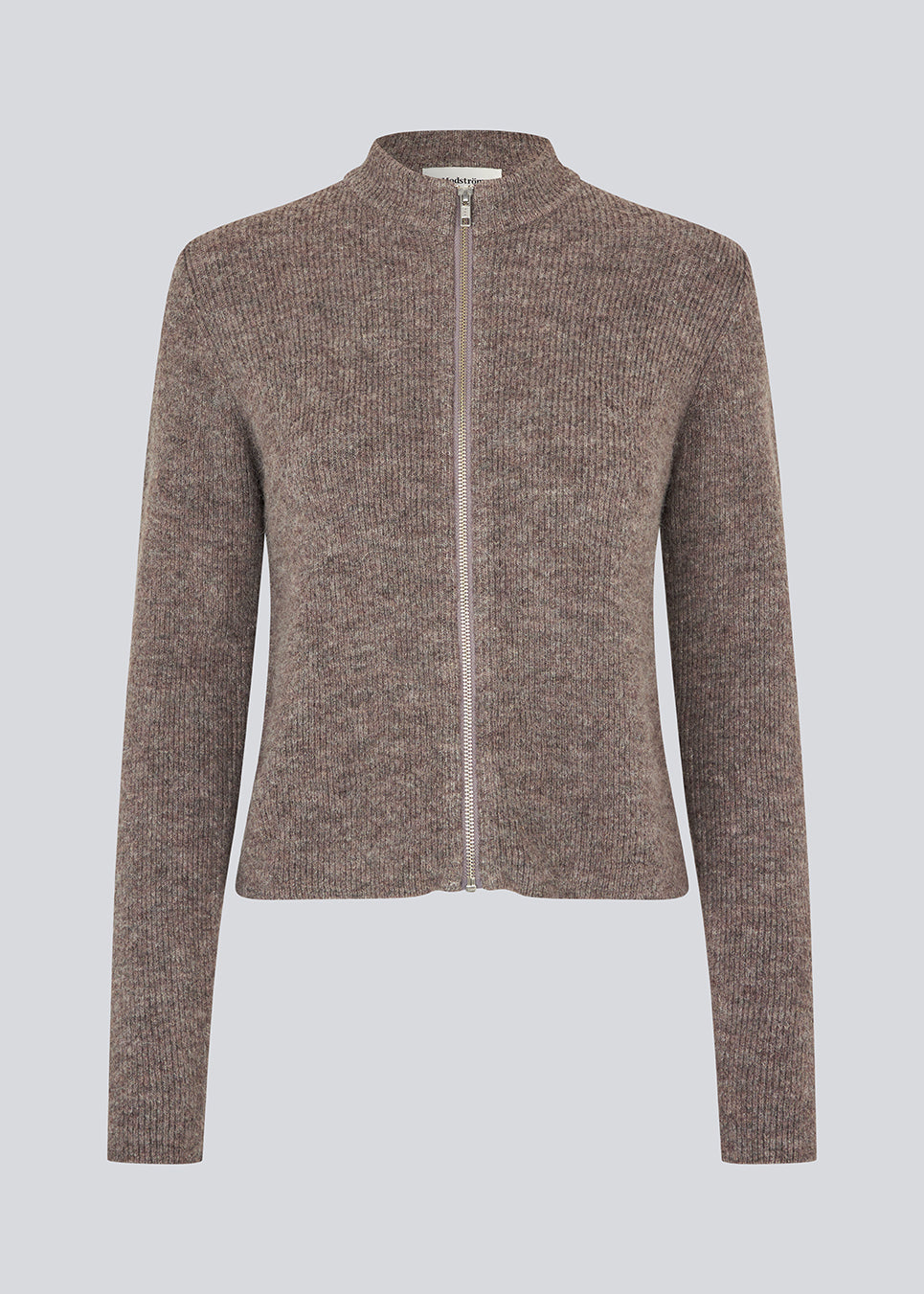 Fitted cardigan in brown in a soft knit. TreeMD cardigan has a high neck and a zipper closure in front.