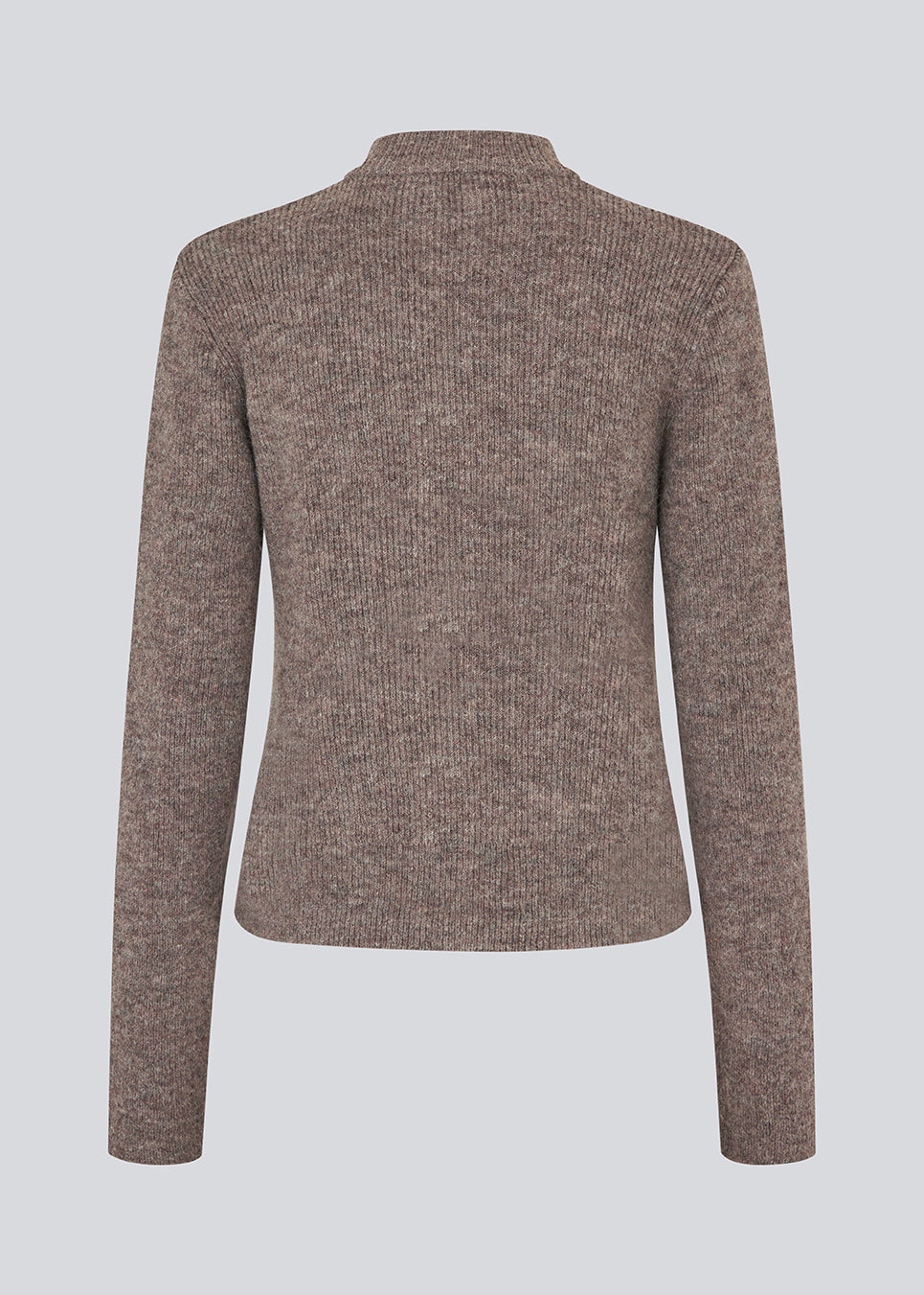 Fitted cardigan in brown in a soft knit. TreeMD cardigan has a high neck and a zipper closure in front.
