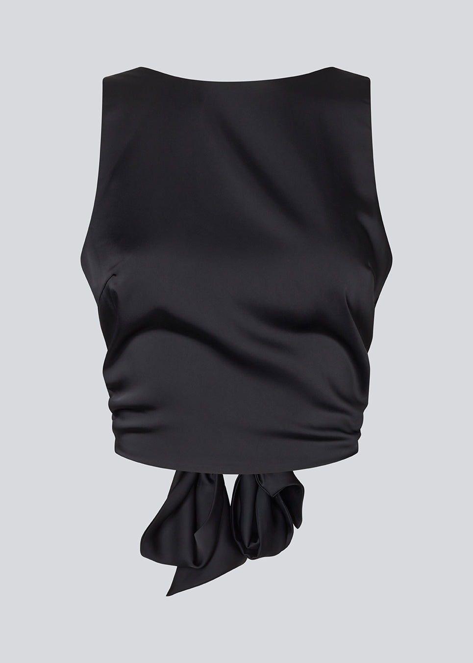Sleeveless top in satin in dark navy blue. TailorMD top has an open back with a tieband.