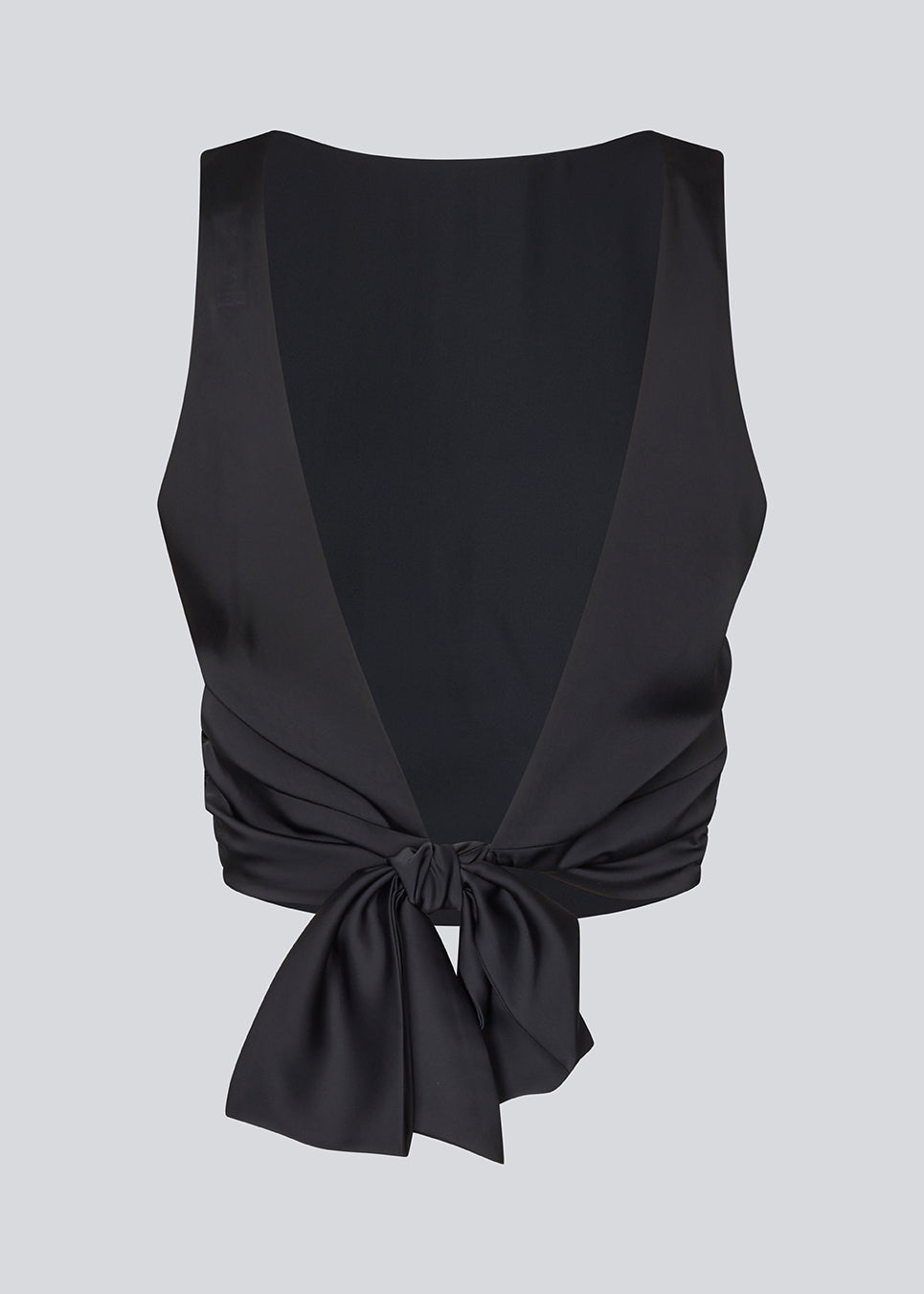 Sleeveless top in satin in dark navy blue. TailorMD top has an open back with a tieband.