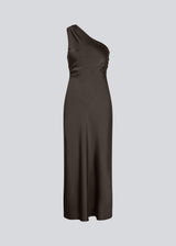 Dark brown maxi one-shoulder dress in satin. NarcissaMD dress has an open back with beautiful details and an invisible zipper on the side.