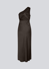 Dark brown maxi one-shoulder dress in satin. NarcissaMD dress has an open back with beautiful details and an invisible zipper on the side.