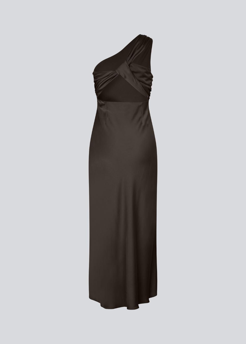 Dark brown maxi one-shoulder dress in satin. NarcissaMD dress has an open back with beautiful details and an invisible zipper on the side.