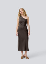 Dark brown maxi one-shoulder dress in satin. NarcissaMD dress has an open back with beautiful details and an invisible zipper on the side.