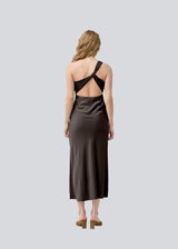 Dark brown maxi one-shoulder dress in satin. NarcissaMD dress has an open back with beautiful details and an invisible zipper on the side.