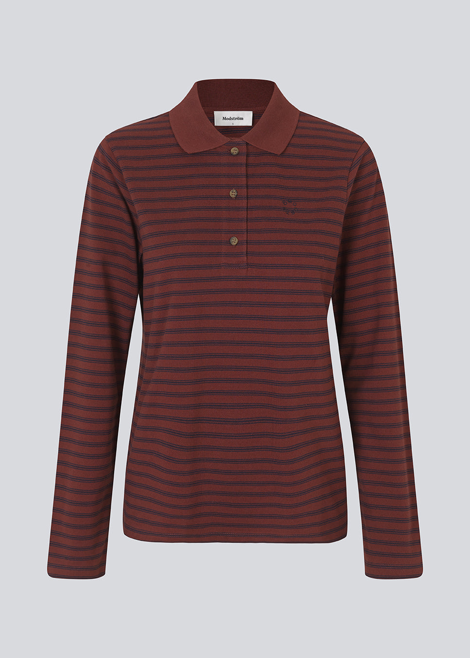 Navy striped polo in burgundy/dark red in 100% cotton pique with an embroidered logo. NobuMD LS polo has long sleeves and a placket with 4 buttons. 