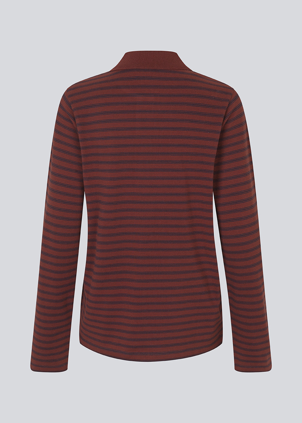 Navy striped polo in burgundy/dark red in 100% cotton pique with an embroidered logo. NobuMD LS polo has long sleeves and a placket with 4 buttons. 