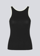Tight-fitted black sleeveless top in a stretchy material with a round neck cutting lower on the back. FaizMD top has contrasting bias tape.