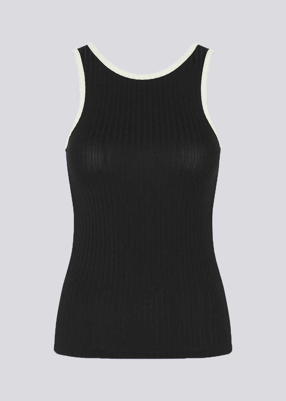 Tight-fitted black sleeveless top in a stretchy material with a round neck cutting lower on the back. FaizMD top has contrasting bias tape.