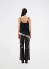 Satin slip top with contrast lace trim. The AlinkaMD Top features spaghetti straps, a V-neckline, and an asymmetrical hem that is longer on one side. An elegant top, perfect on its own or for layered styling.