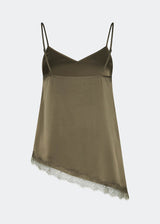 Satin slip top with contrast lace trim. The AlinkaMD Top features spaghetti straps, a V-neckline, and an asymmetrical hem that is longer on one side. An elegant top, perfect on its own or for layered styling.