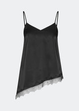 Satin slip top with lace trim. The AlinkaMD Top features spaghetti straps, a V-neckline, and an asymmetrical hem that is longer on one side. An elegant top, perfect on its own or for layered styling.