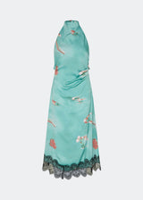 Elegant maxi dress featuring an artistic print and feminine details. Carinamd print dress is crafted from a lightweight, smooth fabric with a high halterneck neckline that fastens at the back of the neck and a self-tie belt at the waist to define the silhouette. The long, flowing fit is finished with a contrasting lace trim at the hem, adding a refined and romantic touch. A standout dress, perfect for summer parties, weddings, and other special occasions.