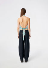Elegant halterneck top featuring an artistic print and a feminine silhouette. Carinamd print top is crafted from a lightweight, smooth fabric with a high halterneck neckline that fastens at the back of the neck and a tie detail at the back for an adjustable fit. The softly draped design and unique print make it a standout piece for special occasions as well as elevated summer styling.