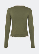 Long-sleeved T-shirt crafted from a soft and comfortable fabric. CiljaMD LS T-shirt features a fitted silhouette with a crew neckline and contrasting trims at the neckline, cuffs, and hem, creating a layered look. The delicate lettuce-edge finish adds a feminine touch, making it perfect to wear on its own or layered under knitwear, shirts, or jackets.
