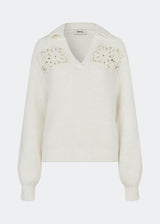 Soft and feminine knitted sweater with delicate crochet detailing. Cillamd V-neck is designed in a relaxed fit with a V-neckline, wide collar, and decorative crochet panels across the shoulders for a romantic touch. The voluminous sleeves and soft knit quality make it a comfortable wardrobe favourite that pairs effortlessly with jeans, tailored trousers, and skirts.
