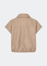 Short vest with a modern, relaxed aesthetic. Cleamd vest features a boxy silhouette with short, wide sleeves, a classic collar, and snap button closure at the front. Discreet front pockets and an elasticated hem create a soft, rounded shape and a comfortable fit. Perfect for layering over knitwear, shirts, or dresses during the transitional seasons.