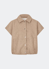 Short vest with a modern, relaxed aesthetic. Cleamd vest features a boxy silhouette with short, wide sleeves, a classic collar, and snap button closure at the front. Discreet front pockets and an elasticated hem create a soft, rounded shape and a comfortable fit. Perfect for layering over knitwear, shirts, or dresses during the transitional seasons.