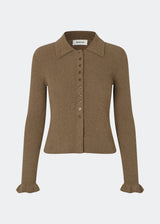Feminine rib-knit cardigan with elegant details. Corneliamd cardigan is designed in a fitted silhouette with a classic collar, full button-front closure, and delicate ruffle trims at the cuffs. The soft rib-knit enhances the flattering fit, making it a versatile wardrobe staple that can be worn buttoned up as a knit top or layered open over a camisole or dress.