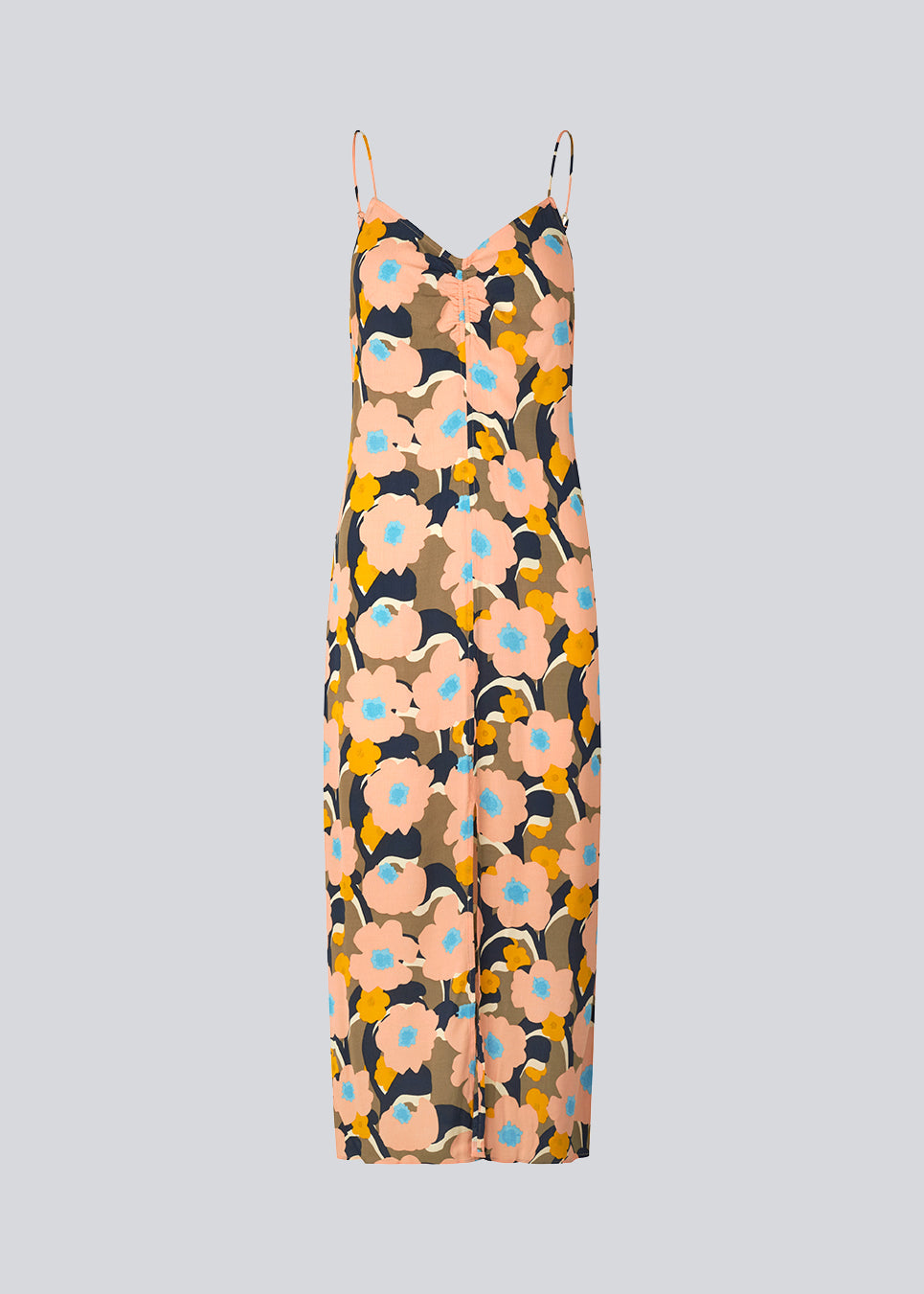 Midi dress in a relaxed fit and floral print. DustinMD print strap dress has a v-neck with ruched details in the center, narrow straps, and zipper in the back. Slit in front. The model is 177 cm and wears a size S/36.  Material: