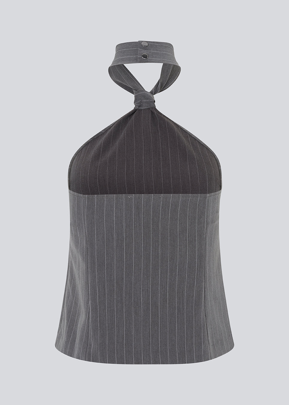 Fitted top in grey pinstripe with a cool tie detail. EmiliaMD tie top has an invisible zipper at the side and a button closure at the neck.