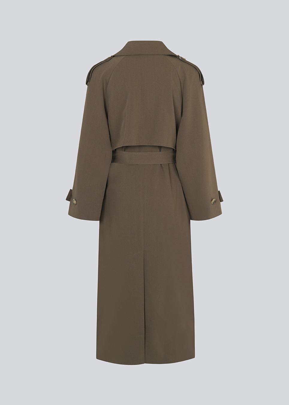 Oversized double-breasted trench coat in dark brown with tie belt at the waist. EvieMD jacket has dropped shoulders and long, wide sleeves. Lined. '