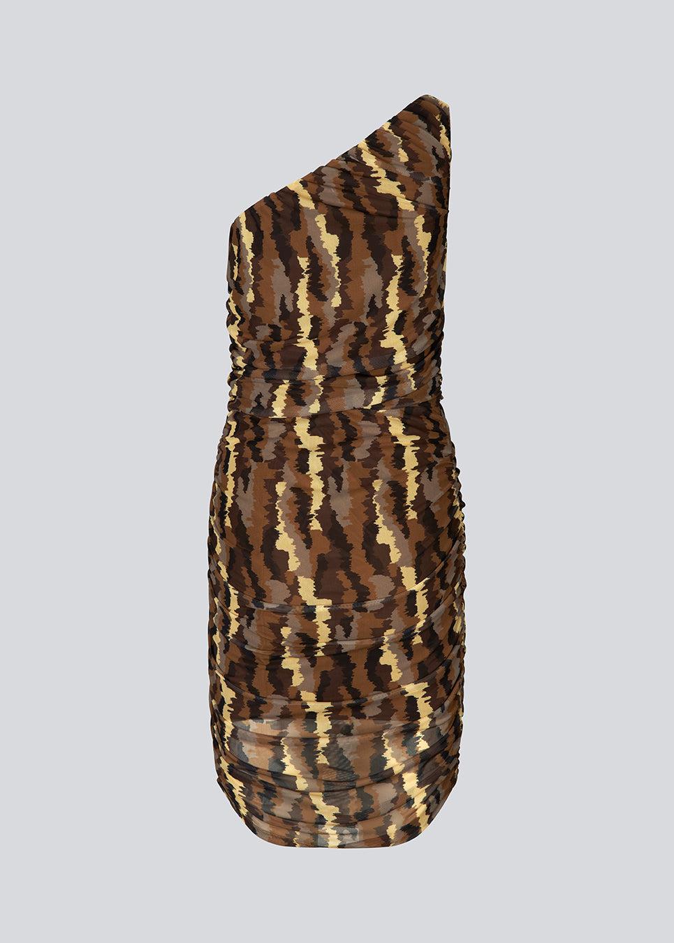 Short dress with a figure-hugging fit and asymmetrical strap. FreenMD print dress has a ruched mesh overlay of printed recycled polyester. The dress is lined. The model is 175 cm and wears a size S/36.