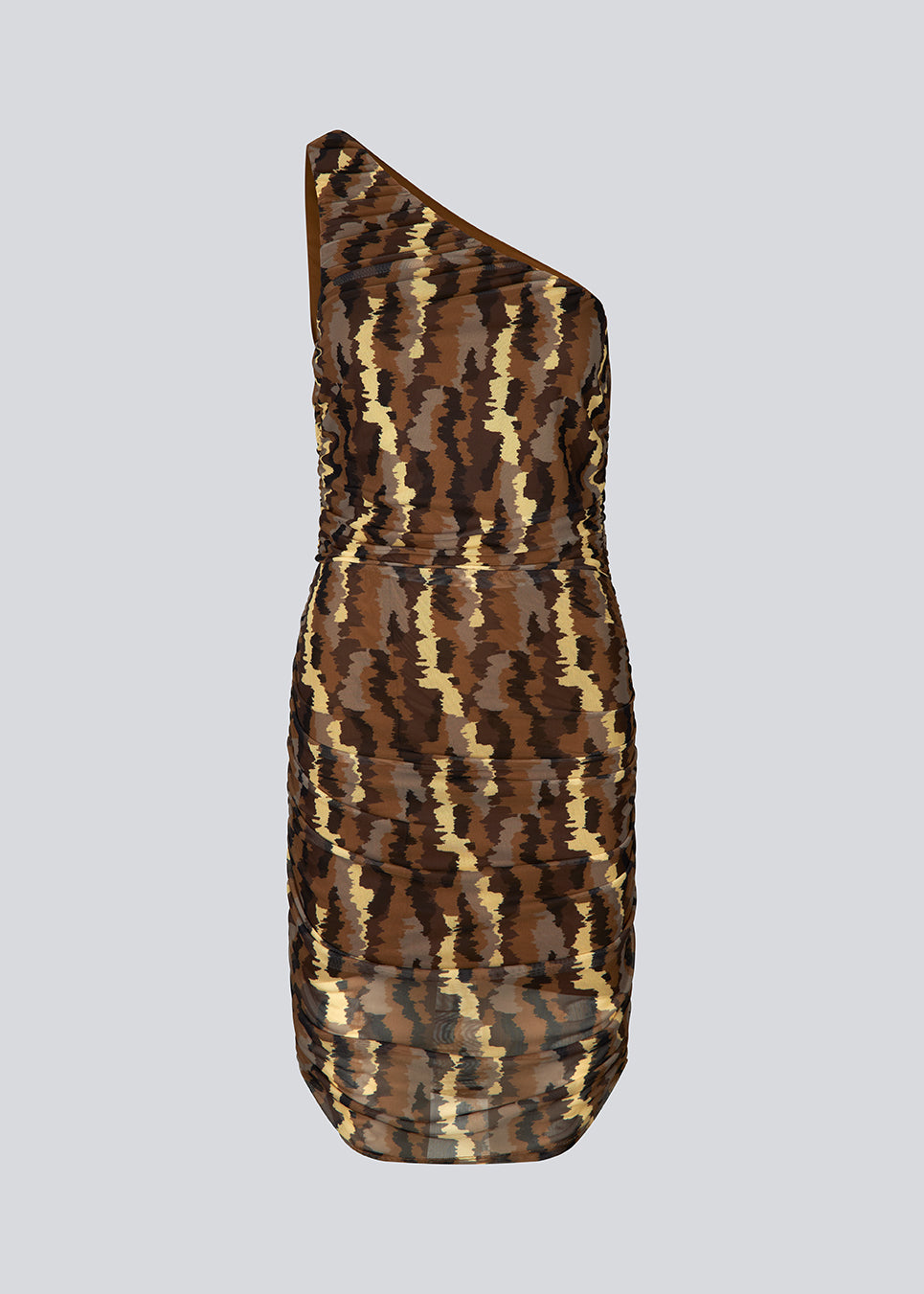 Short dress with a figure-hugging fit and asymmetrical strap. FreenMD print dress has a ruched mesh overlay of printed recycled polyester. The dress is lined. The model is 175 cm and wears a size S/36.