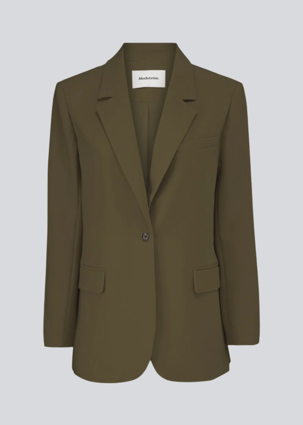 Gale blazer has a classic and elegant design, fulfilled by the beautiful revers collar and a long fit. The blazer is in a green color, and has button closure at the front and a chest pocket at the left side.