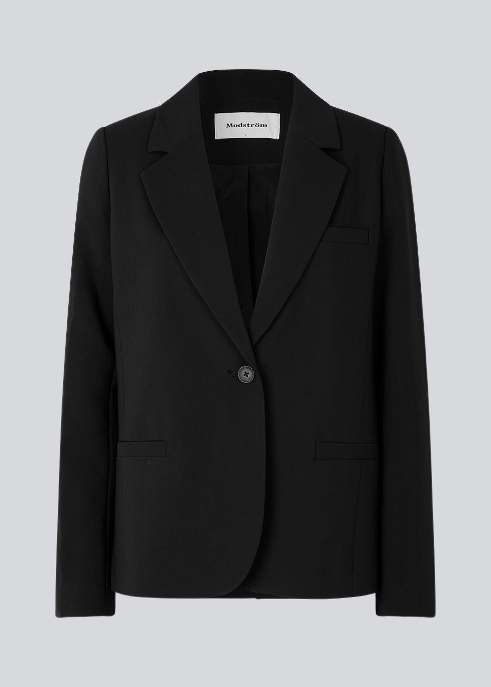 Classic single-breasted blazer in black in a woven quality with collar and notch lapels. GaleMD straight blazer has paspel front pockets and a single button closure. Lined.