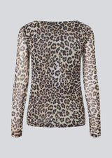 GwenMD top is a tight-fitted mesh top with leo print and gatherings in front. The top has a wide neckline and long sleeves, that are slightly more transparent than the body. 