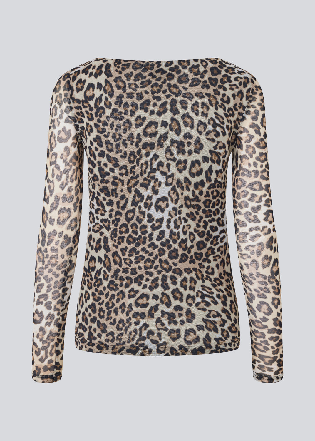 GwenMD top is a tight-fitted mesh top with leo print and gatherings in front. The top has a wide neckline and long sleeves, that are slightly more transparent than the body. 