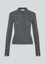Dark grey fitted cardigan made from a soft, rib-knitted wool. HirokiMD cardigan has a collar, buttons in front, and long sleeves with slit and buttons. The model is 175 cm and wears a size S/36.