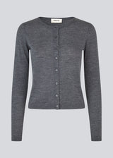 Fitted grey cardigan in soft knit. HirokiMD short cardigan has a round neck and a button closure in front. The model is 177 cm and wears a size S/36.