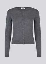 Fitted grey cardigan in soft knit. HirokiMD short cardigan has a round neck and a button closure in front. The model is 177 cm and wears a size S/36.