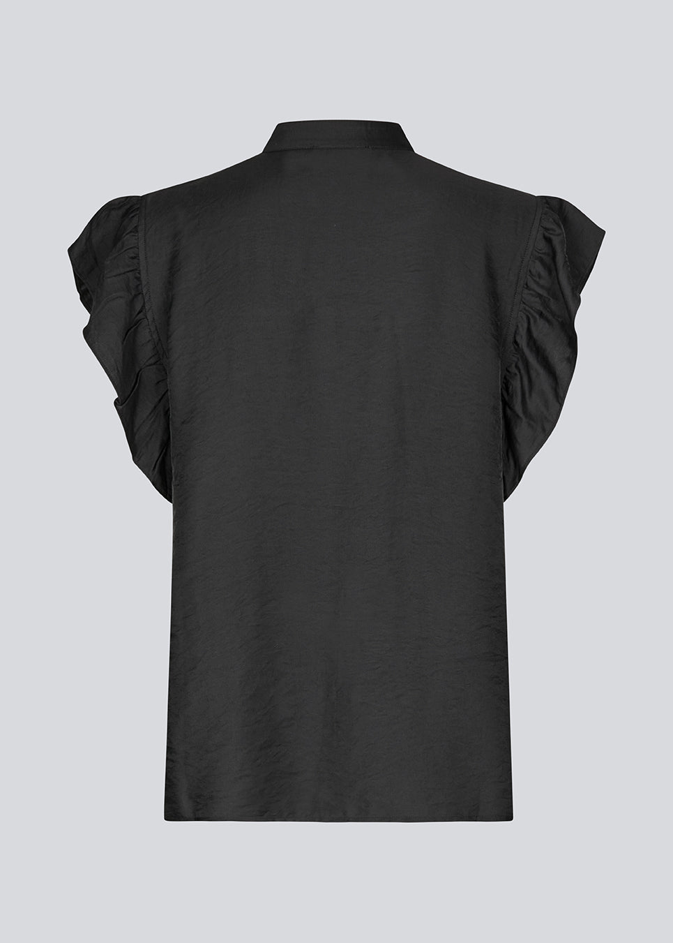HolidayMD top in black is designed with a standing collar and button closure in front. The top has a frilly detail along the placket and at the armholes. 