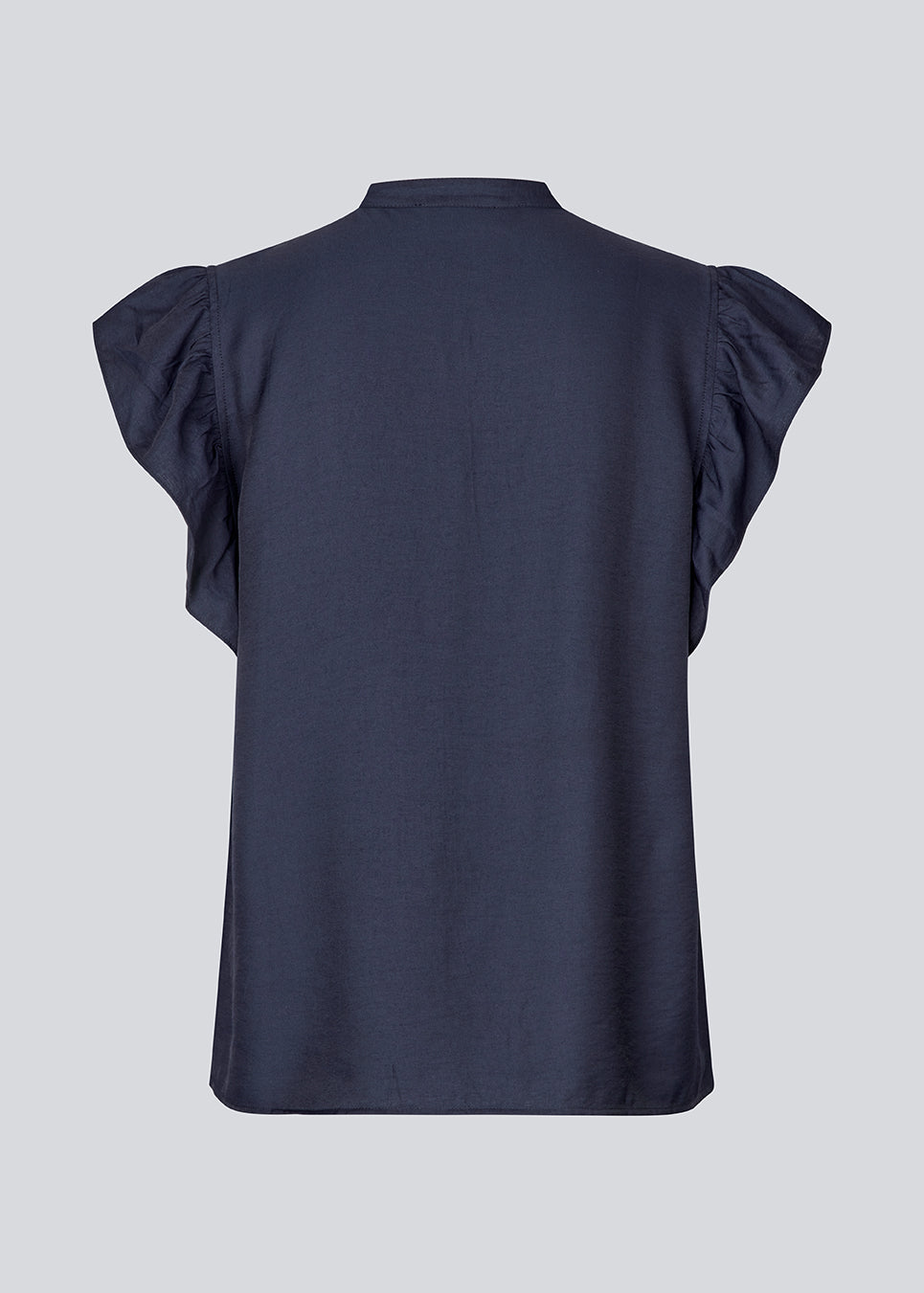 HolidayMD top in navy blue is designed with a standing collar and button closure in front. The top has a frilly detail along the placket and at the armholes. 