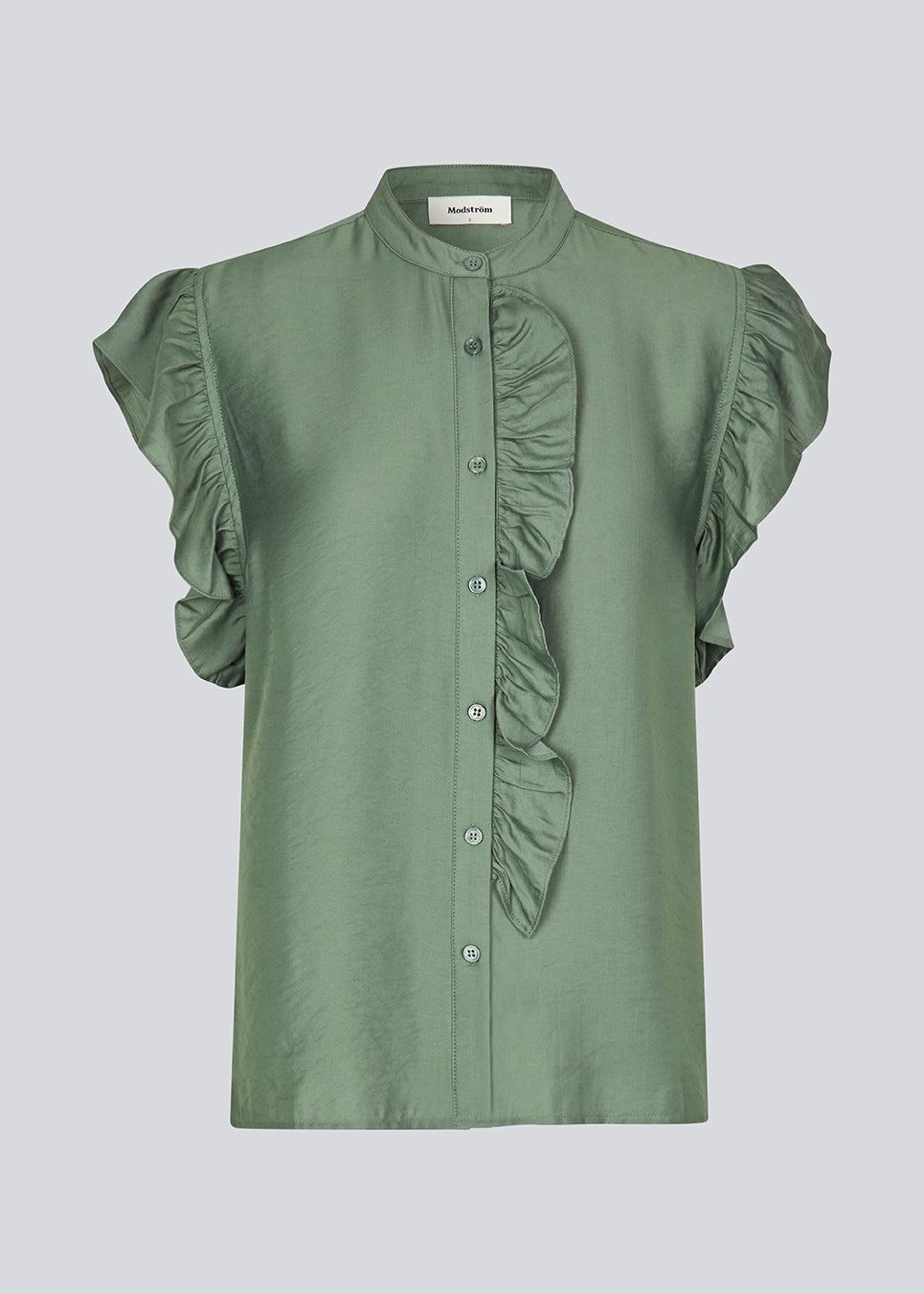 HolidayMD top in soft green is designed with a standing collar and button closure in front. The top has a frilly detail along the placket and at the armholes. 