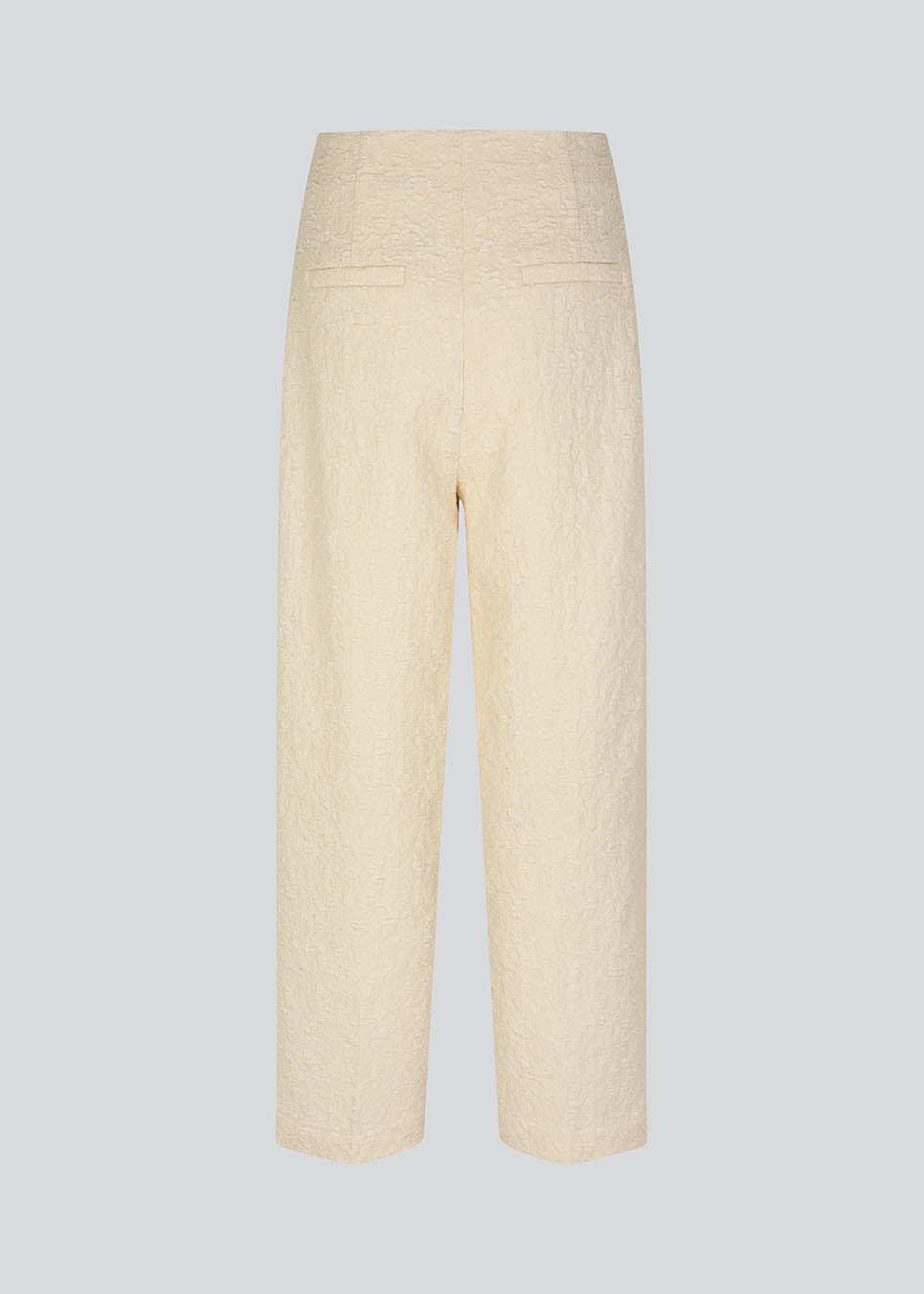 Pants with straight legs in a structured material. HollisMD pants have a medium waist with hidden zipper at one side, and two welt pockets on the back. 
