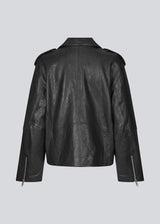 Jacket made from lamb leather in black with a slanted zipper in front, a lapel with push buttons, and long sleeves with a zipper at the hem. HullaMD solid jacket has slanted front pockets with a zipper in front. Lined. The model is 175 cm and wears a size S/36.