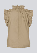 Loose top in light brown with a ruffle detail at the sleeves and neck. IzakMD top is sleeveless and has a hidden zipper in the back. 