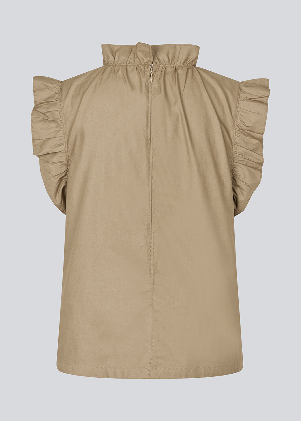 Loose top in light brown with a ruffle detail at the sleeves and neck. IzakMD top is sleeveless and has a hidden zipper in the back. 