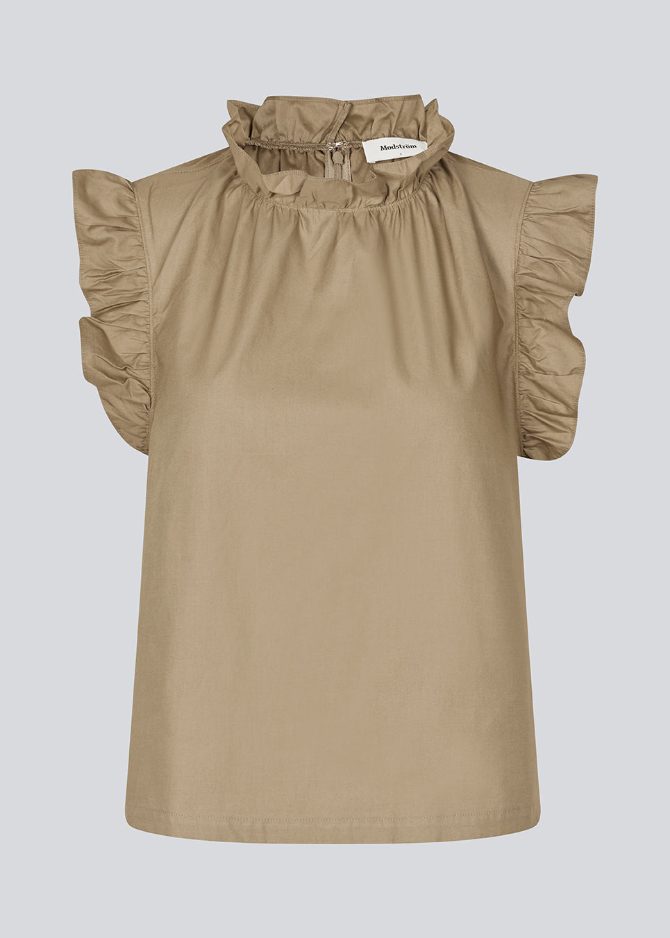 Loose top in light brown with a ruffle detail at the sleeves and neck. IzakMD top is sleeveless and has a hidden zipper in the back. 