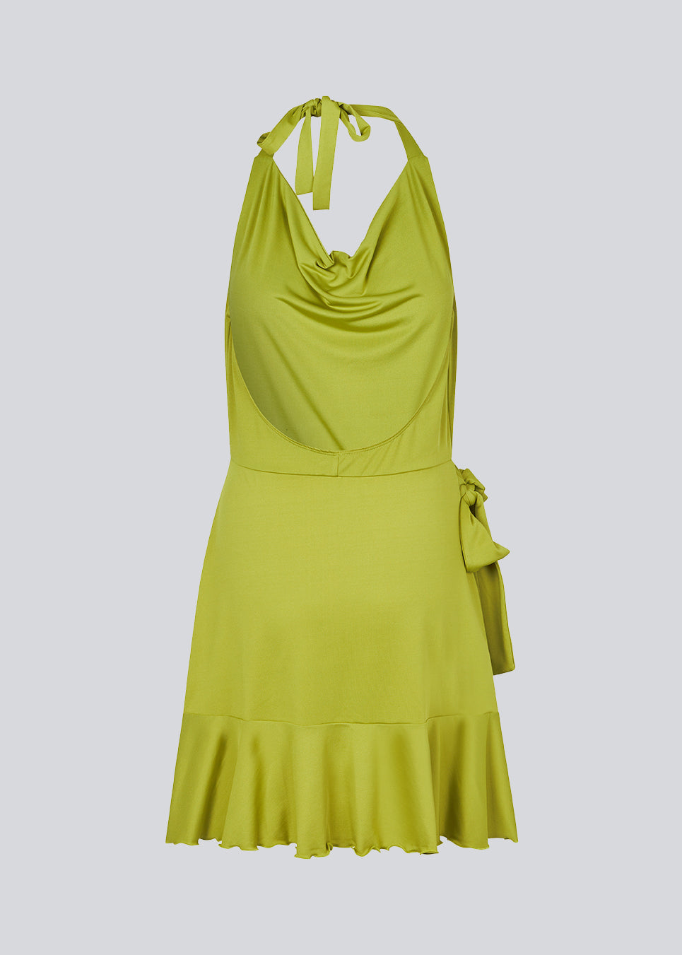 Short dress with a draped halterneck neckline and a slim tie band at the neck. JosefineMD flowy dress has a deep opening in the back, wrap detail in the front, and a ruffled hem. Josefine is 165 cm an