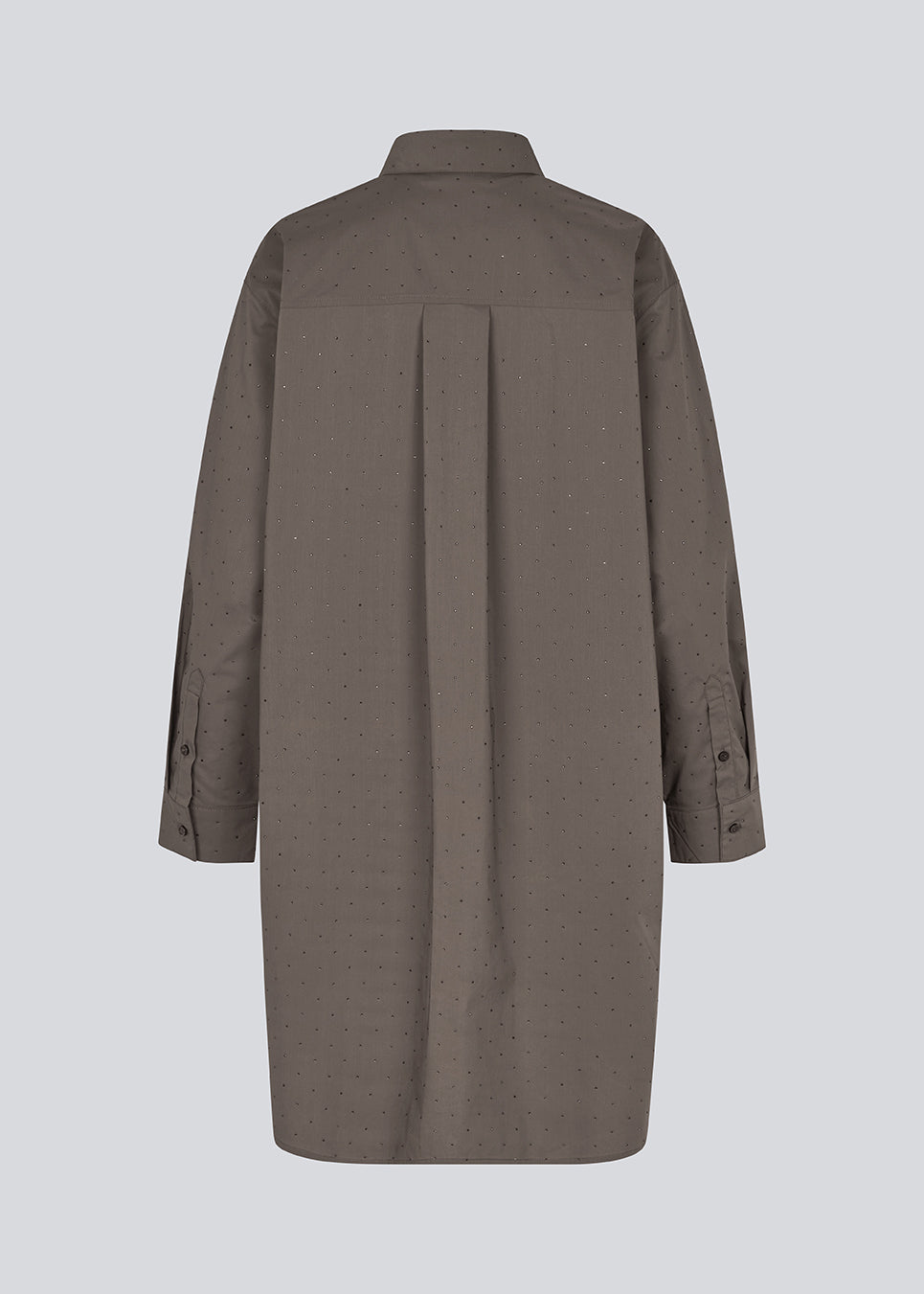 Oversize shirt dress with rhinestones. KambellMD dress has a shirt collar, button closure in front and a cuff with button closure.