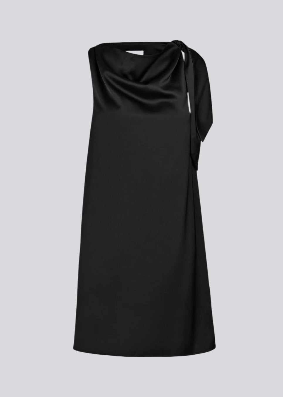Midi satin dress with waterfall detail at the neck in black. KatjaMD dress has a tie detail at the shoulder and a relaxed fit. 