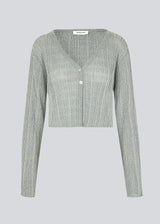 Knitted cardigan in a metallic material. KristenMD cardigan is silver and has a loose fit, a V-neck and is slightly cropped.
